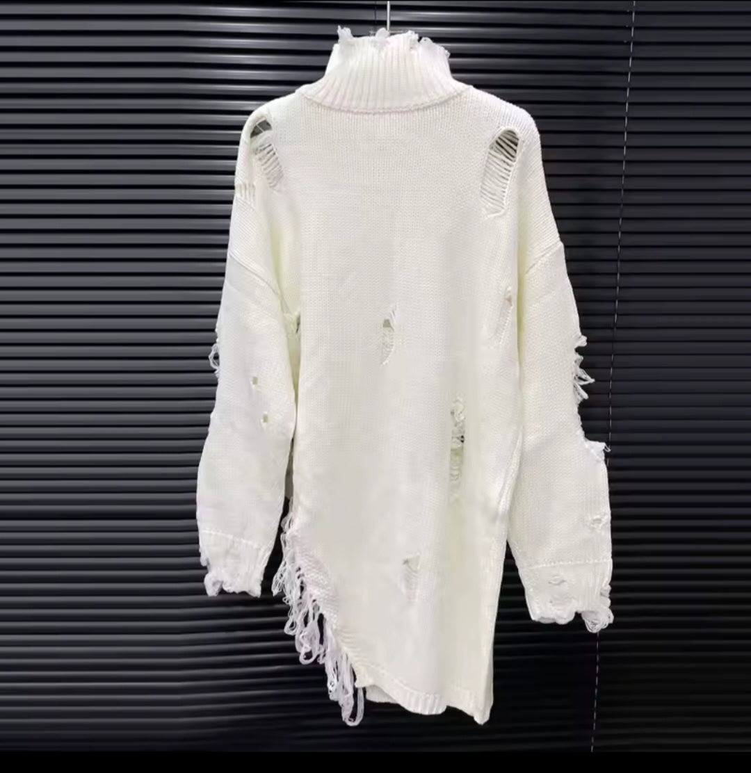 Distressed Fringe Half-Zip Turtleneck Knit Pullover - GLITCH-BELLE