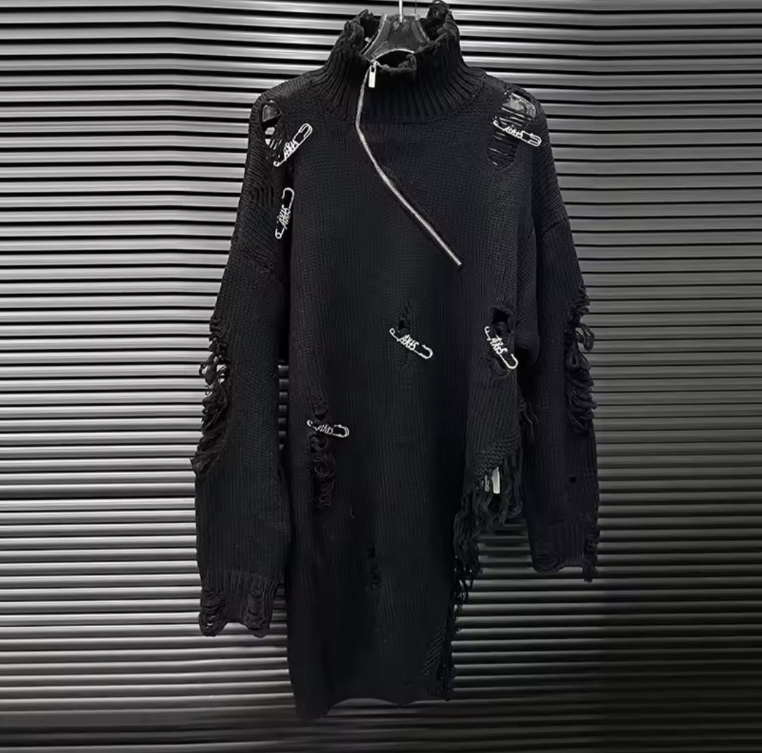 Distressed Fringe Half-Zip Turtleneck Knit Pullover - GLITCH-BELLE
