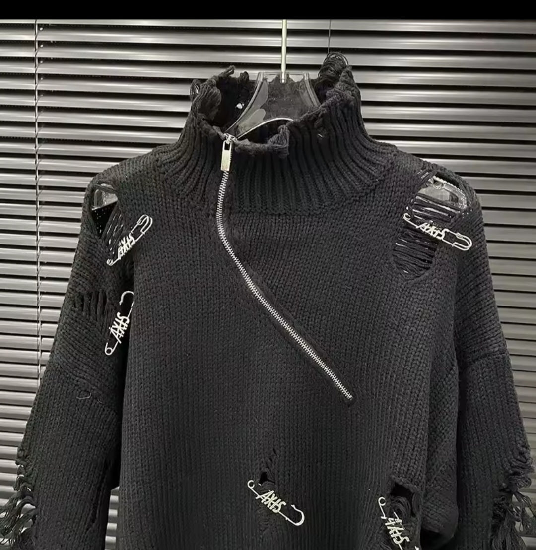 Distressed Fringe Half-Zip Turtleneck Knit Pullover - GLITCH-BELLE
