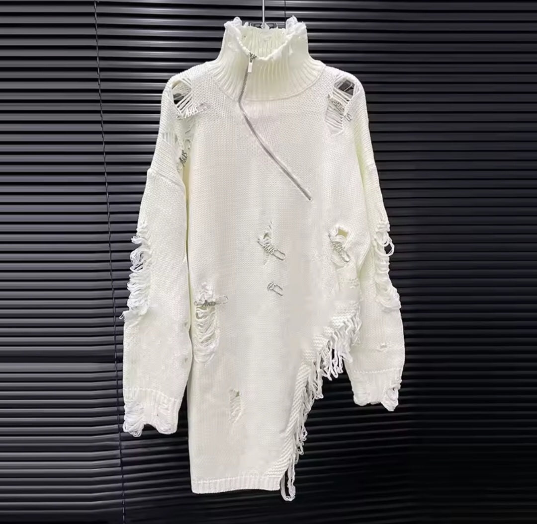 Distressed Fringe Half-Zip Turtleneck Knit Pullover - GLITCH-BELLE