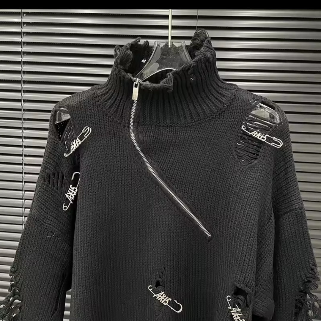 Distressed Fringe Half-Zip Turtleneck Knit Pullover - GLITCH-BELLE
