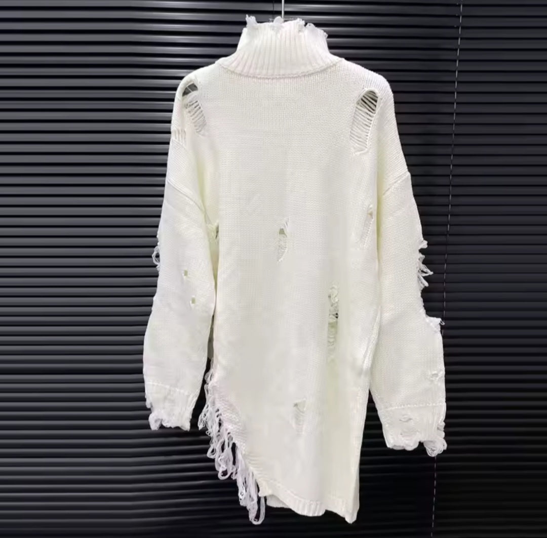 Distressed Fringe Half-Zip Turtleneck Knit Pullover - GLITCH-BELLE