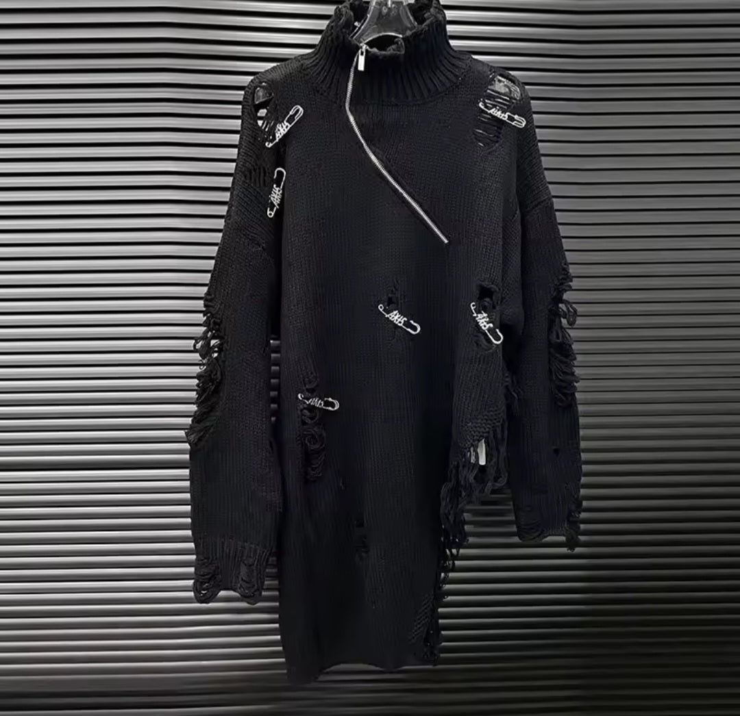 Distressed Fringe Half-Zip Turtleneck Knit Pullover - GLITCH-BELLE