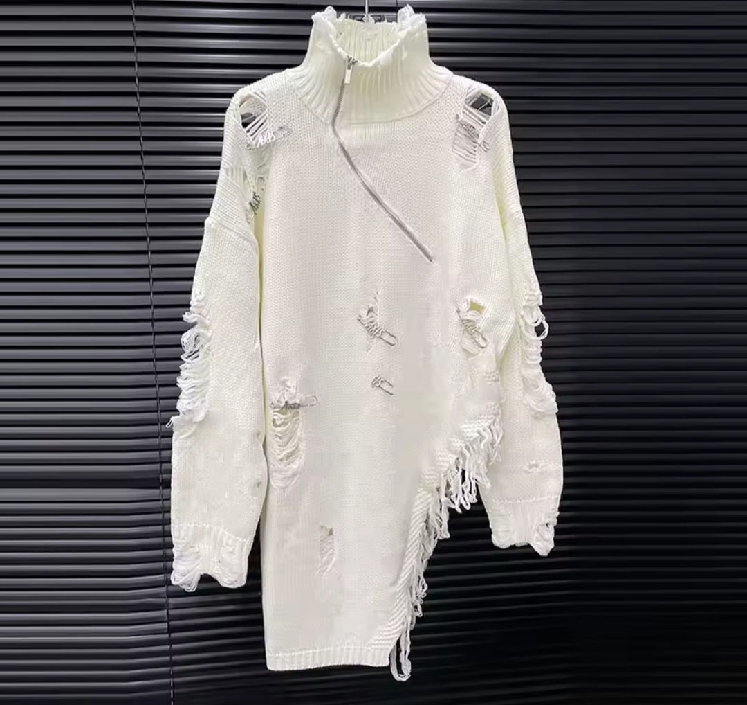 Distressed Fringe Half-Zip Turtleneck Knit Pullover - GLITCH-BELLE