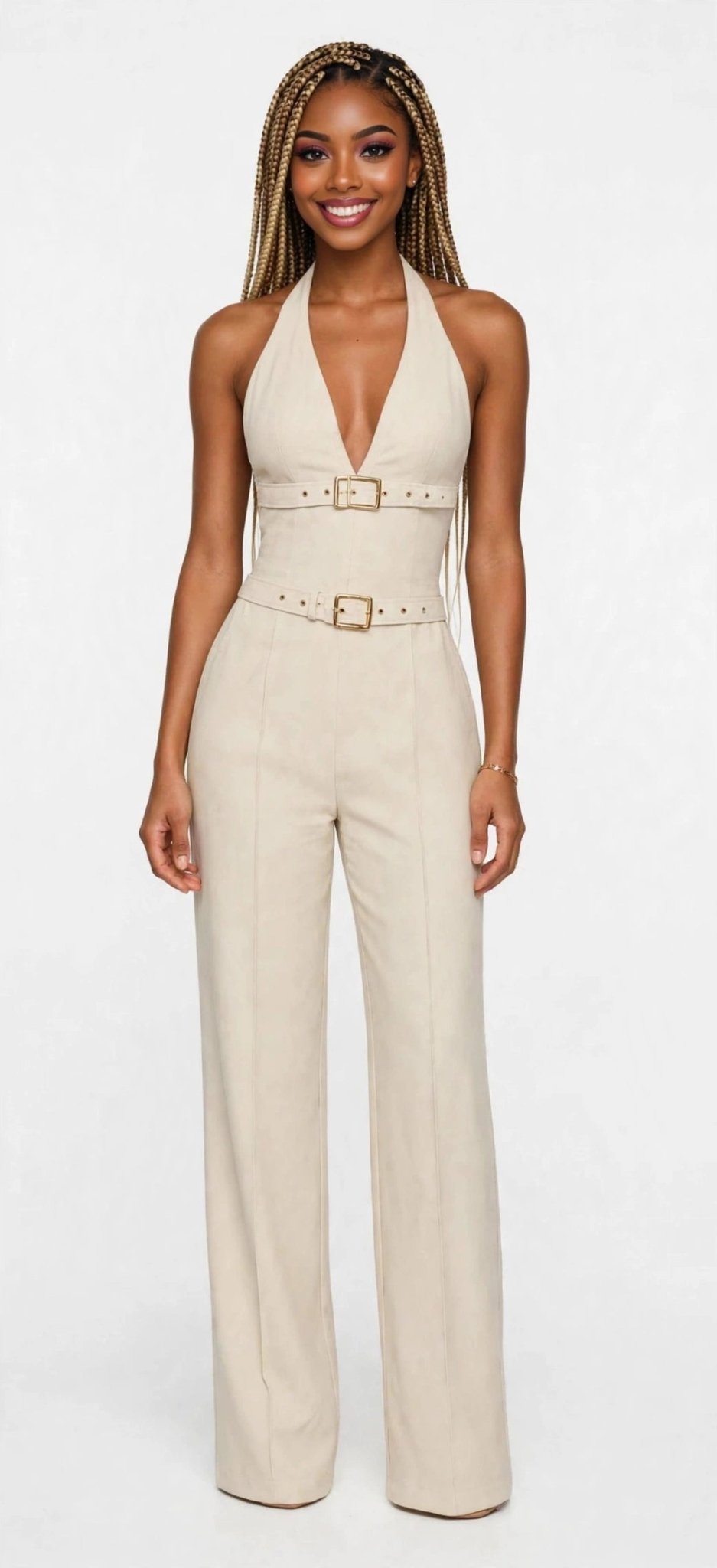 Double Buckle Halter Jumpsuit – Linen-Blend Wide Leg - GLITCH-BELLE