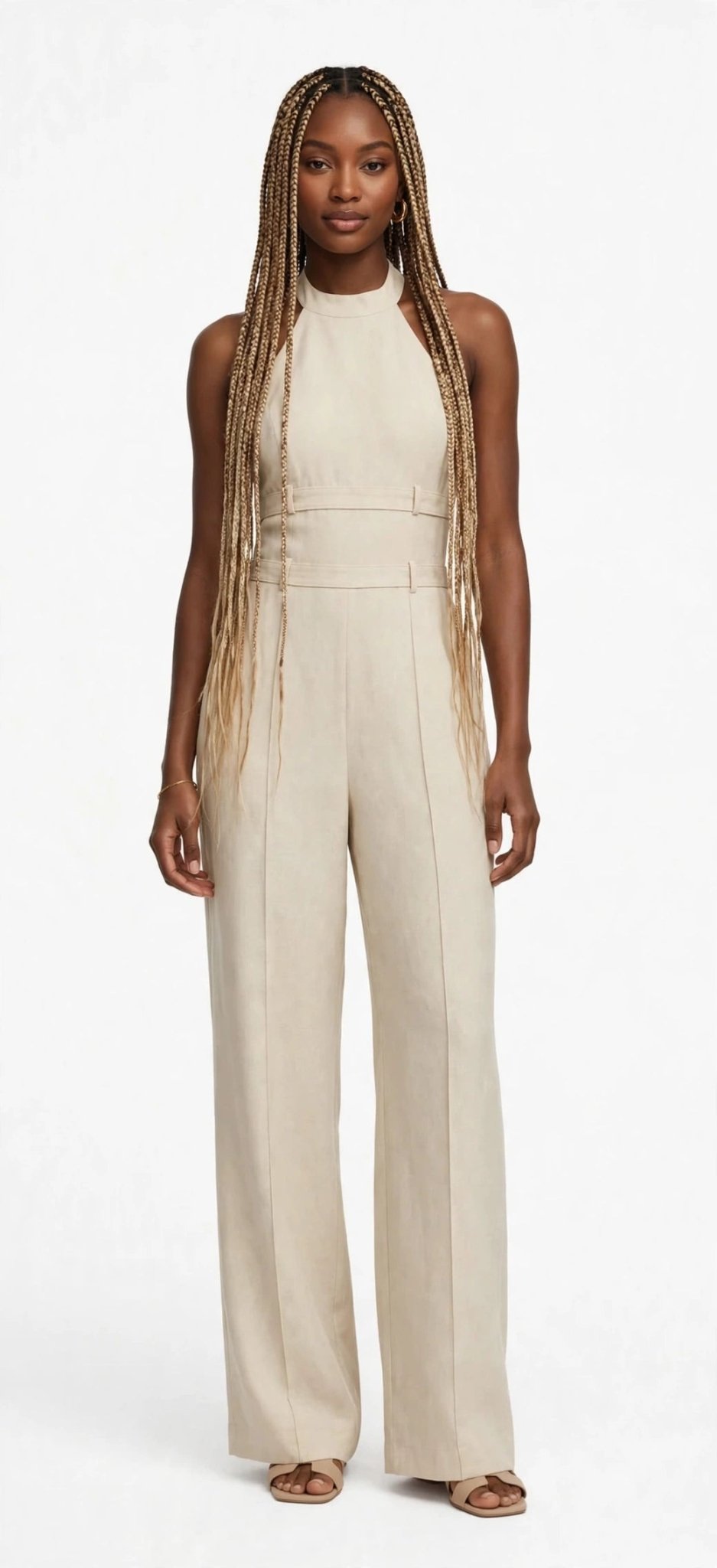 Double Buckle Halter Jumpsuit – Linen-Blend Wide Leg - GLITCH-BELLE