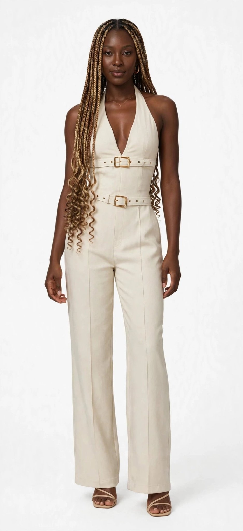 Double Buckle Halter Jumpsuit – Linen-Blend Wide Leg - GLITCH-BELLE