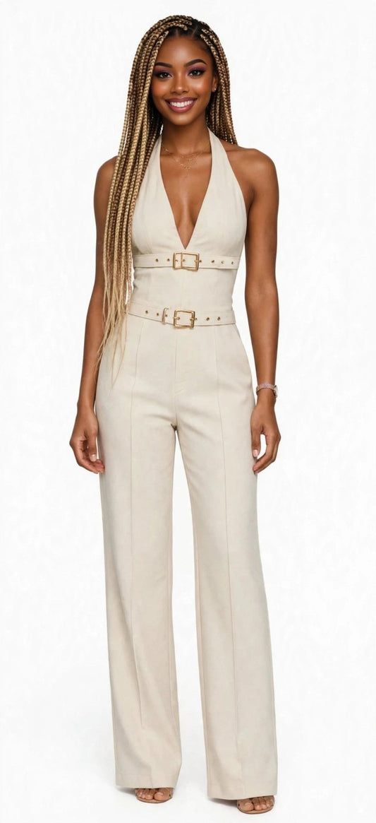 Double Buckle Halter Jumpsuit – Linen-Blend Wide Leg - GLITCH-BELLE