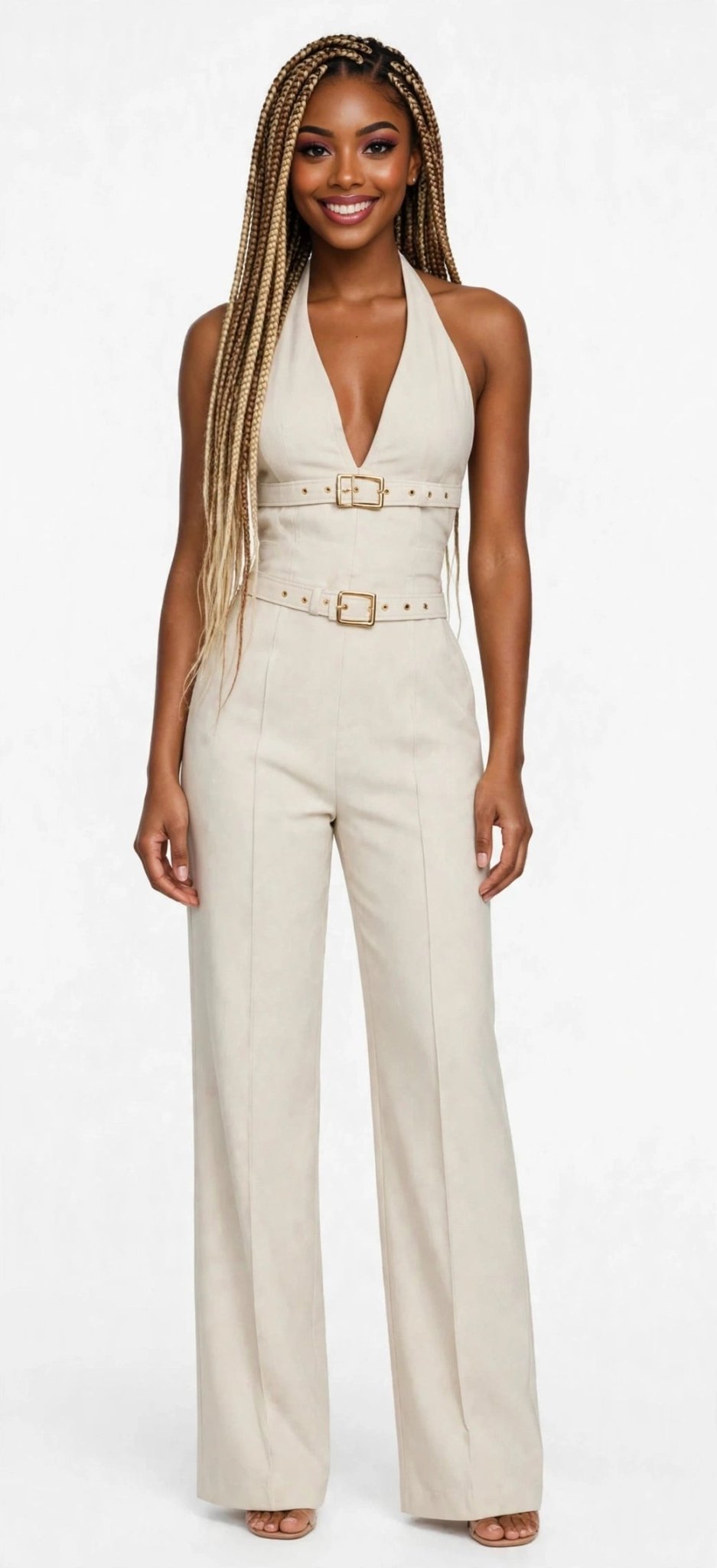 Double Buckle Halter Jumpsuit – Linen-Blend Wide Leg - GLITCH-BELLE