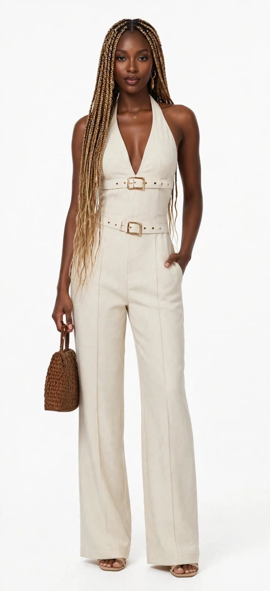 Double Buckle Halter Jumpsuit – Linen-Blend Wide Leg - GLITCH-BELLE