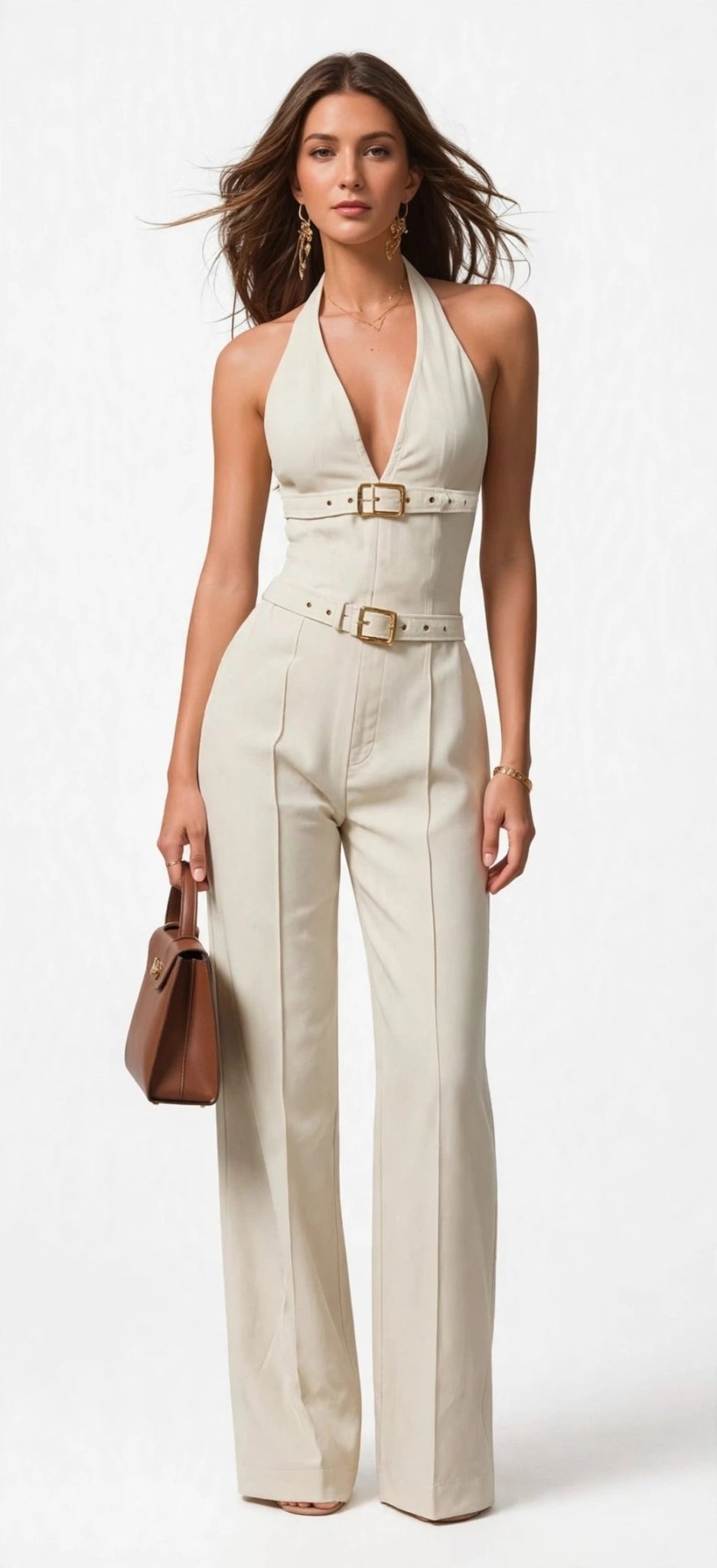 Double Buckle Halter Jumpsuit – Linen-Blend Wide Leg - GLITCH-BELLE