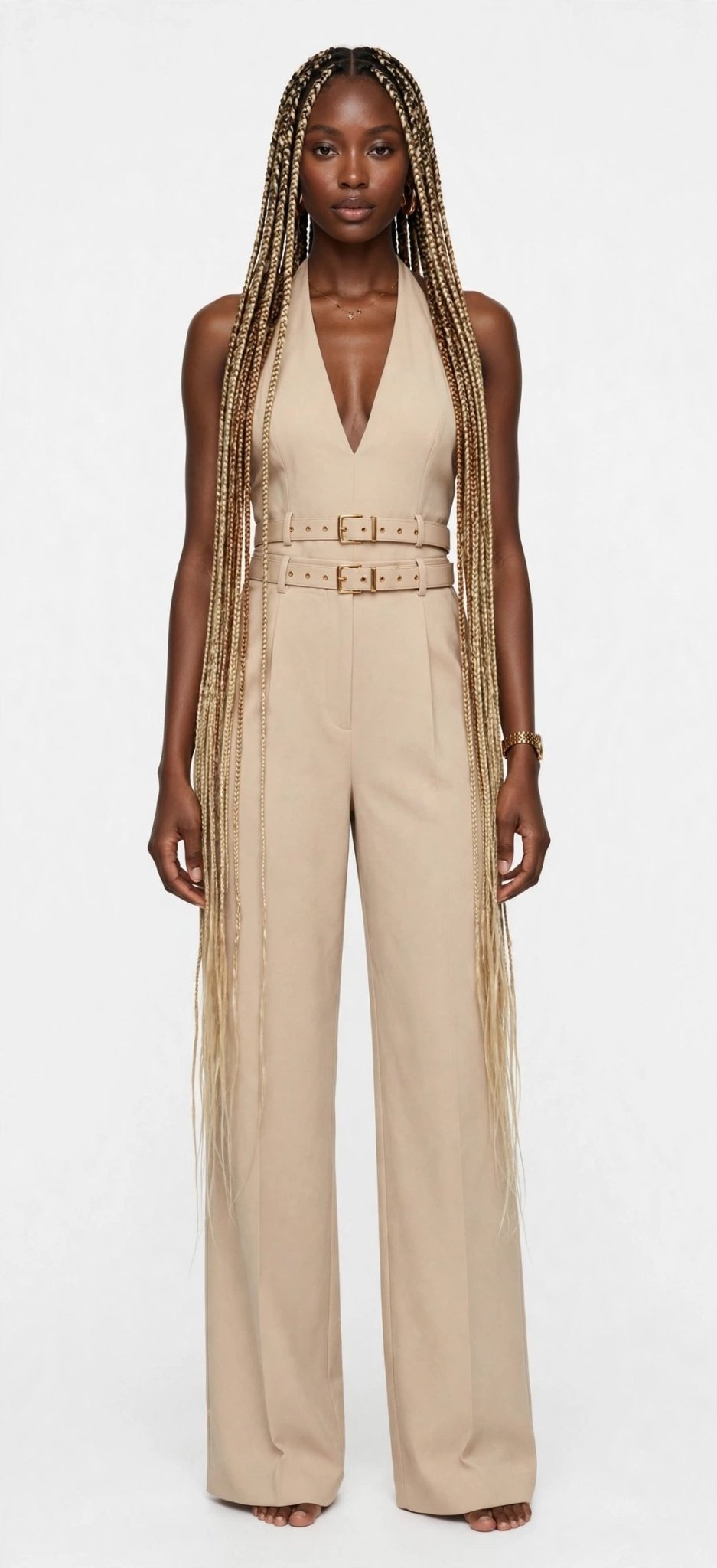Double Buckle Halter Jumpsuit – Linen-Blend Wide Leg - GLITCH-BELLE