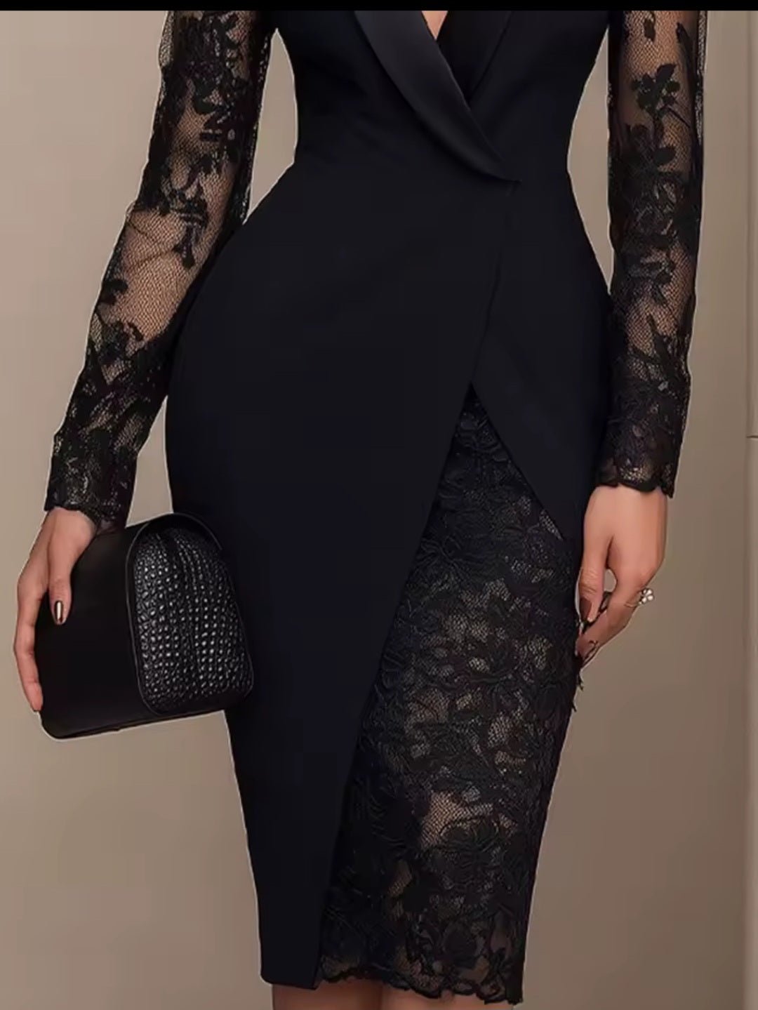 Elegant Lace Satin Slim Dress – Long Sleeve, Notched Collar, Hollow Out - GLITCH-BELLE