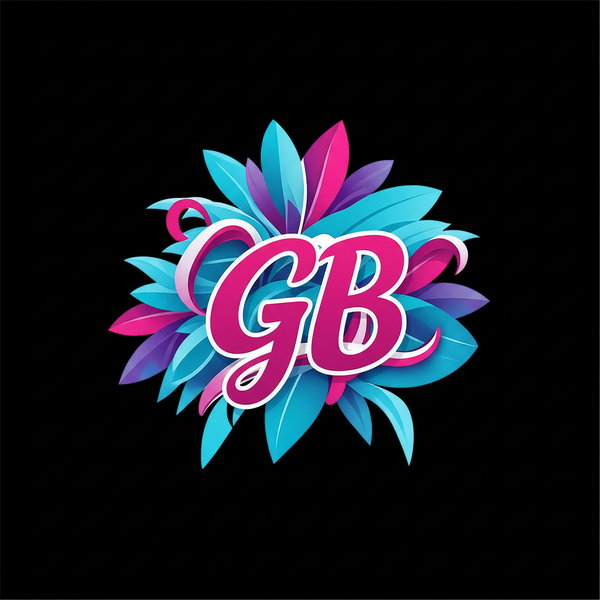 Colorful 'GB' logo with floral elements on a black background