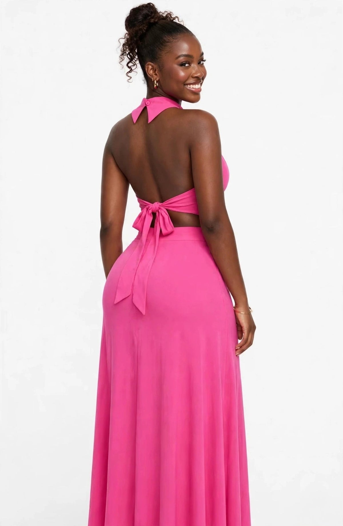 GLITCH-BELLE Women's Pink Halter Crop Top & Split Maxi Skirt Set - GLITCH-BELLE