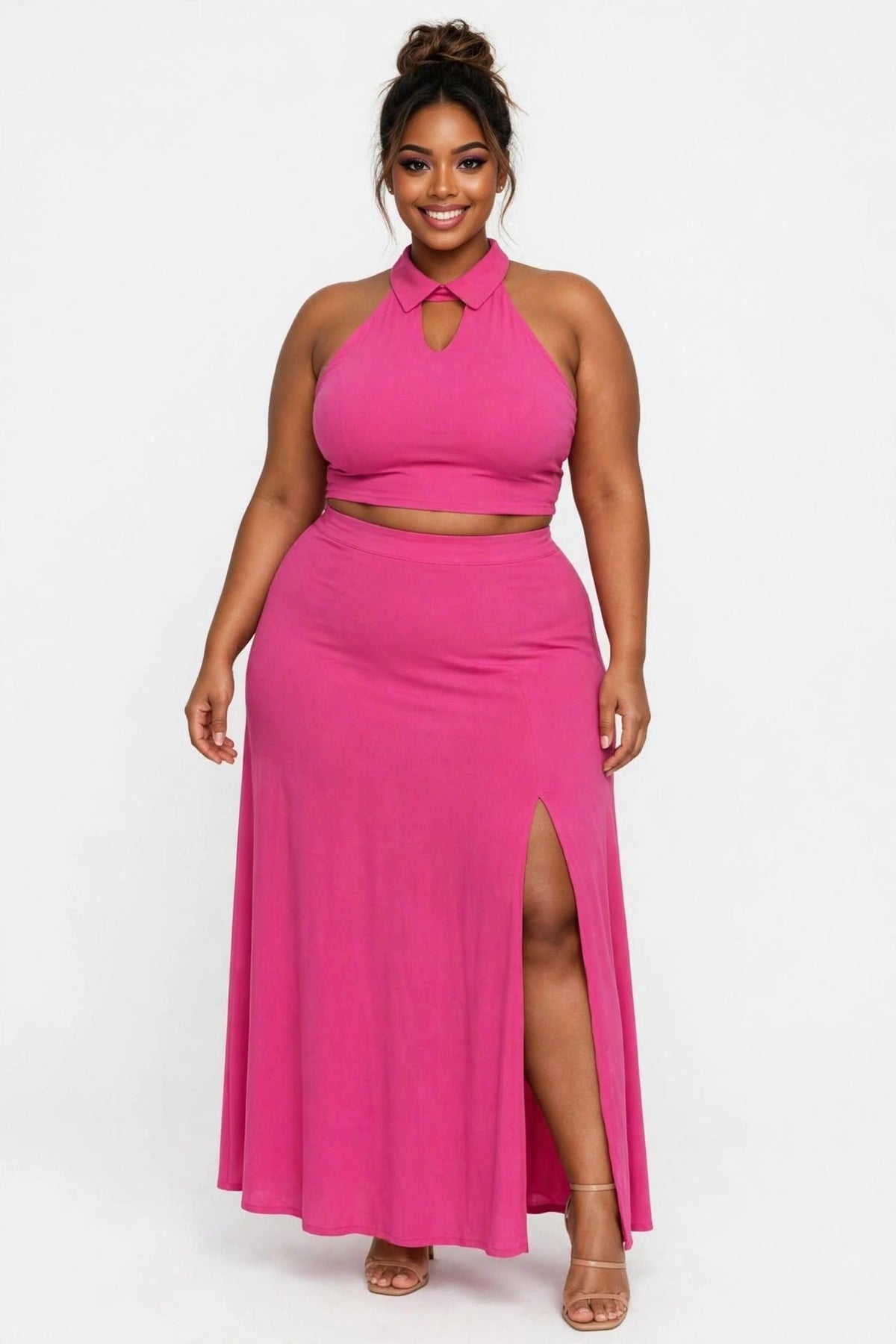 GLITCH-BELLE Women's Pink Halter Crop Top & Split Maxi Skirt Set - GLITCH-BELLE