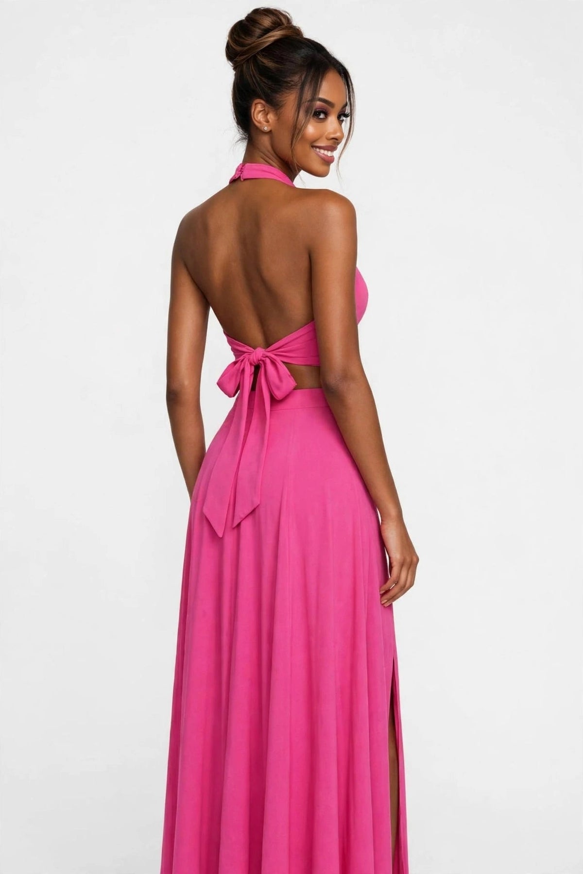 GLITCH-BELLE Women's Pink Halter Crop Top & Split Maxi Skirt Set - GLITCH-BELLE
