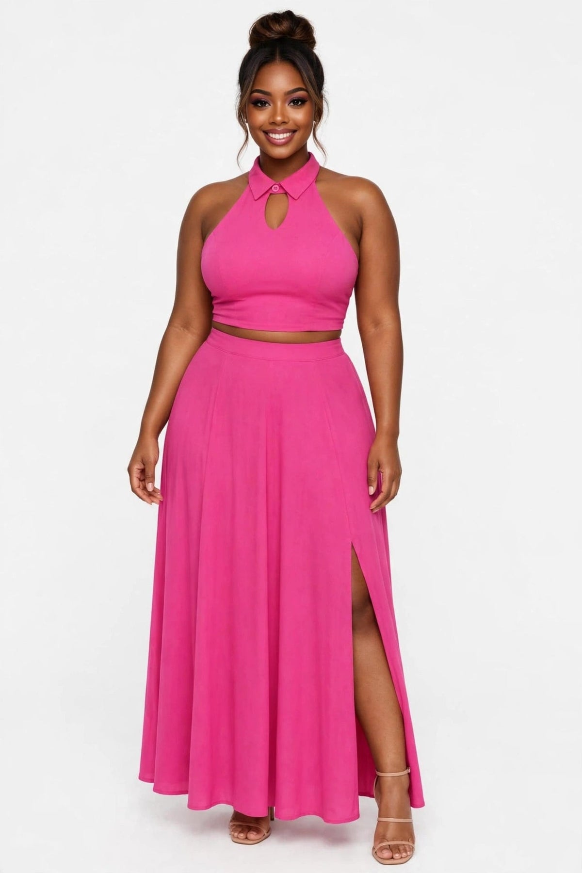 GLITCH-BELLE Women's Pink Halter Crop Top & Split Maxi Skirt Set - GLITCH-BELLE