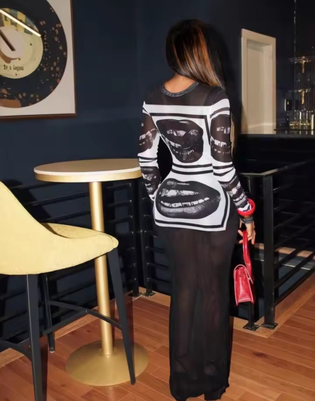 Graphic Lips Print Sheer Mesh Long Sleeve Maxi Dress - GLITCH-BELLE