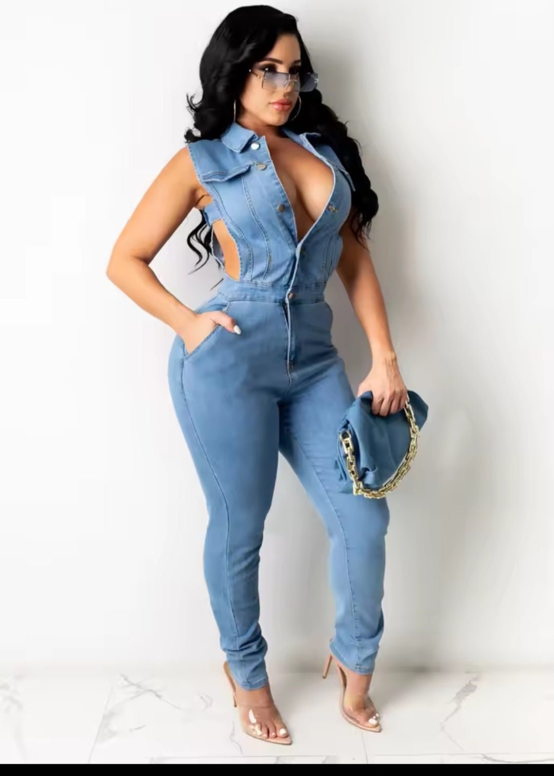 Hollow Denim Jumpsuit – Women's Vintage Skinny One-Piece - GLITCH-BELLE