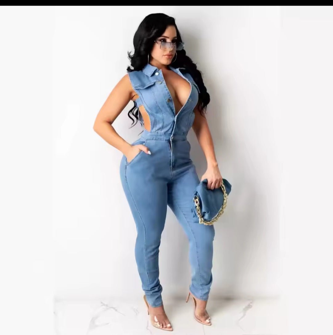 Hollow Denim Jumpsuit – Women's Vintage Skinny One-Piece - GLITCH-BELLE