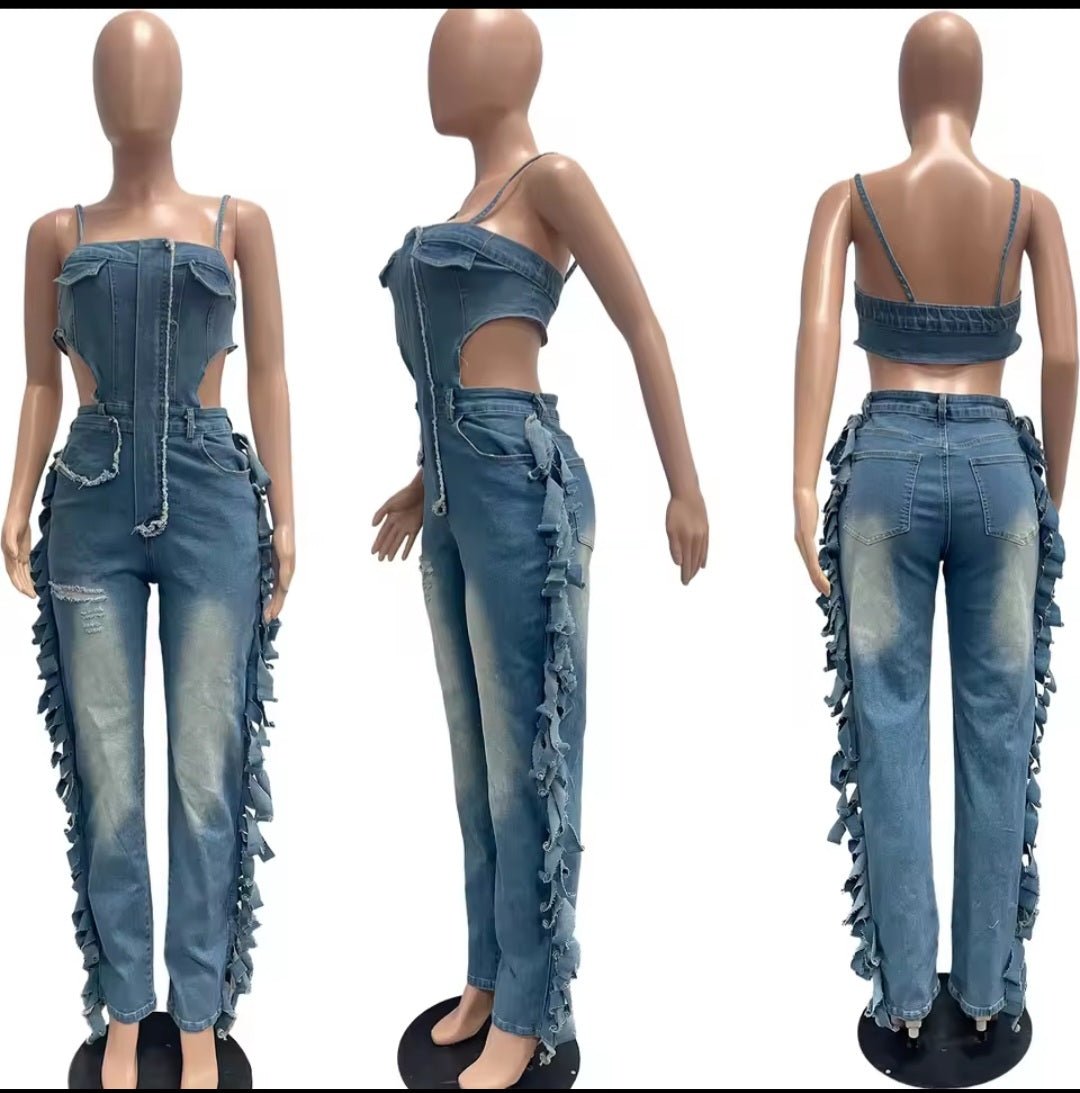 Hollow Out Tassel Denim Jumpsuit - GLITCH-BELLE