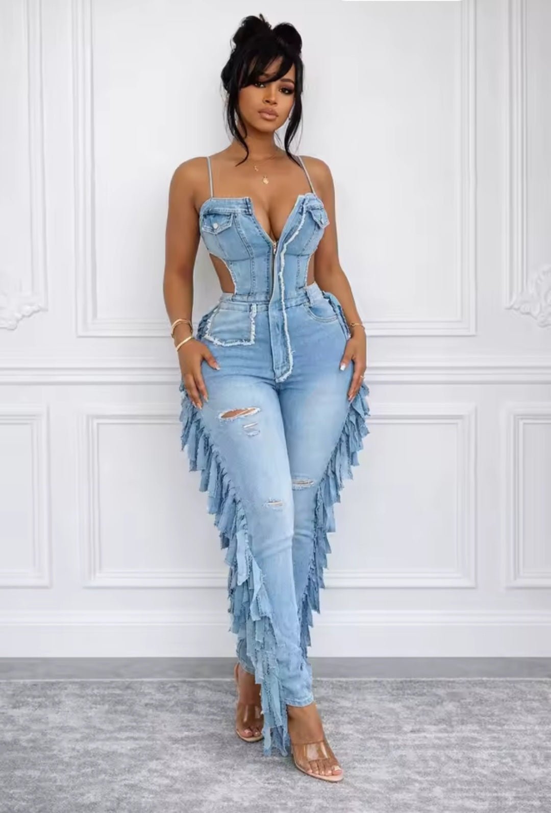 Hollow Out Tassel Denim Jumpsuit - GLITCH-BELLE