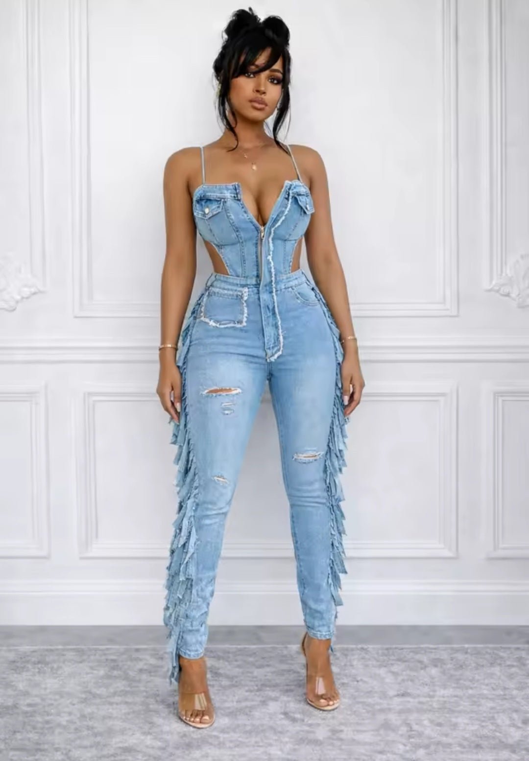 Hollow Out Tassel Denim Jumpsuit - GLITCH-BELLE