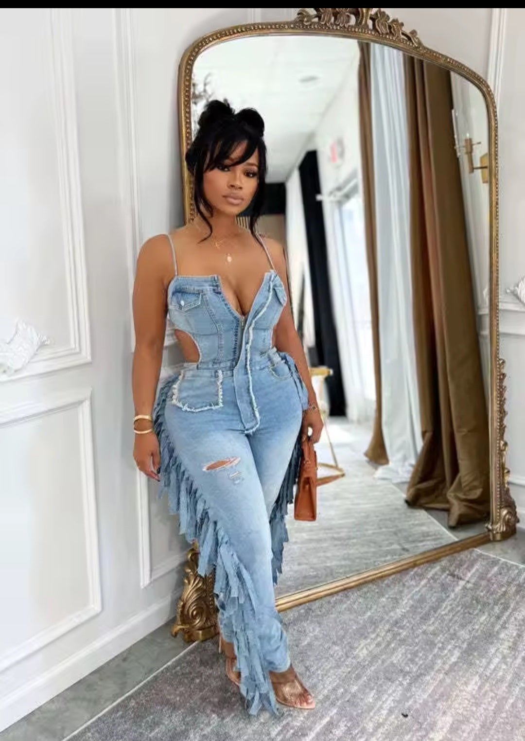Hollow Out Tassel Denim Jumpsuit - GLITCH-BELLE