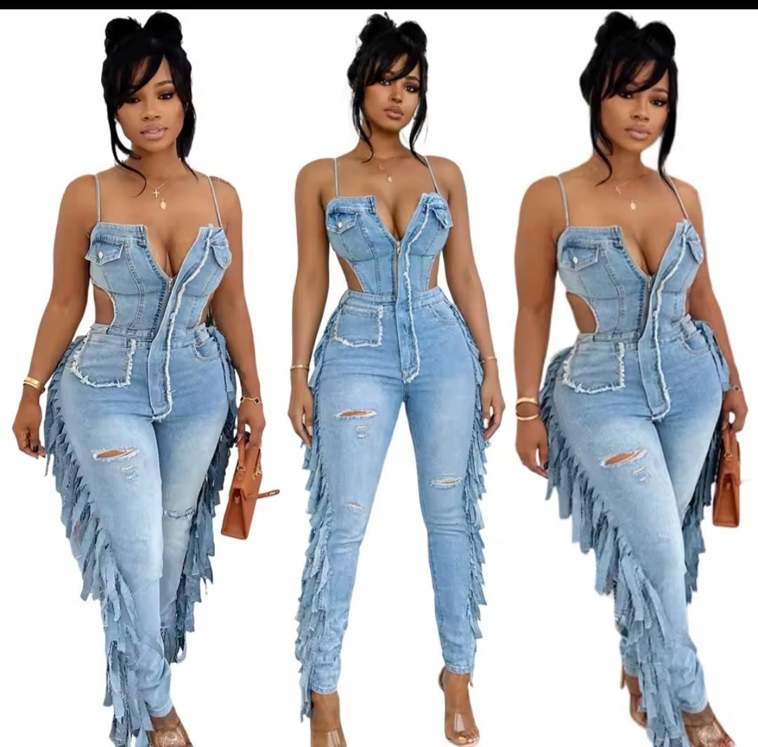 Hollow Out Tassel Denim Jumpsuit - GLITCH-BELLE