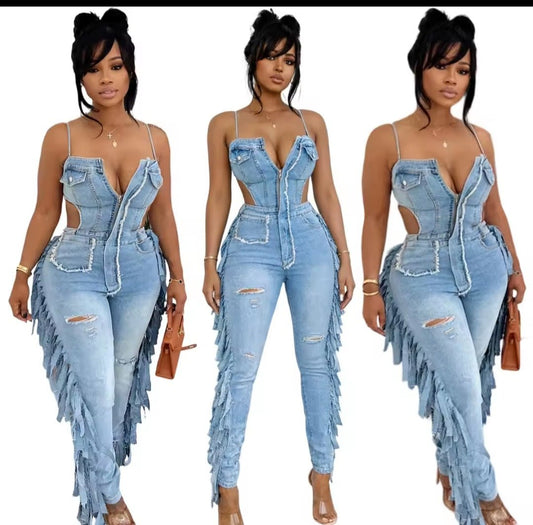 Hollow Out Tassel Denim Jumpsuit - GLITCH-BELLE