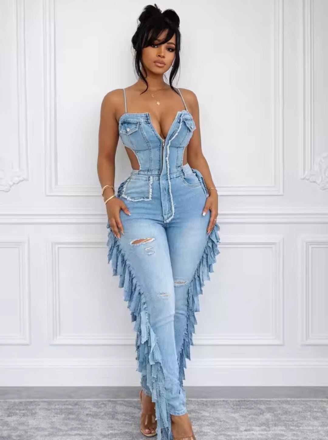 Hollow Out Tassel Denim Jumpsuit - GLITCH-BELLE