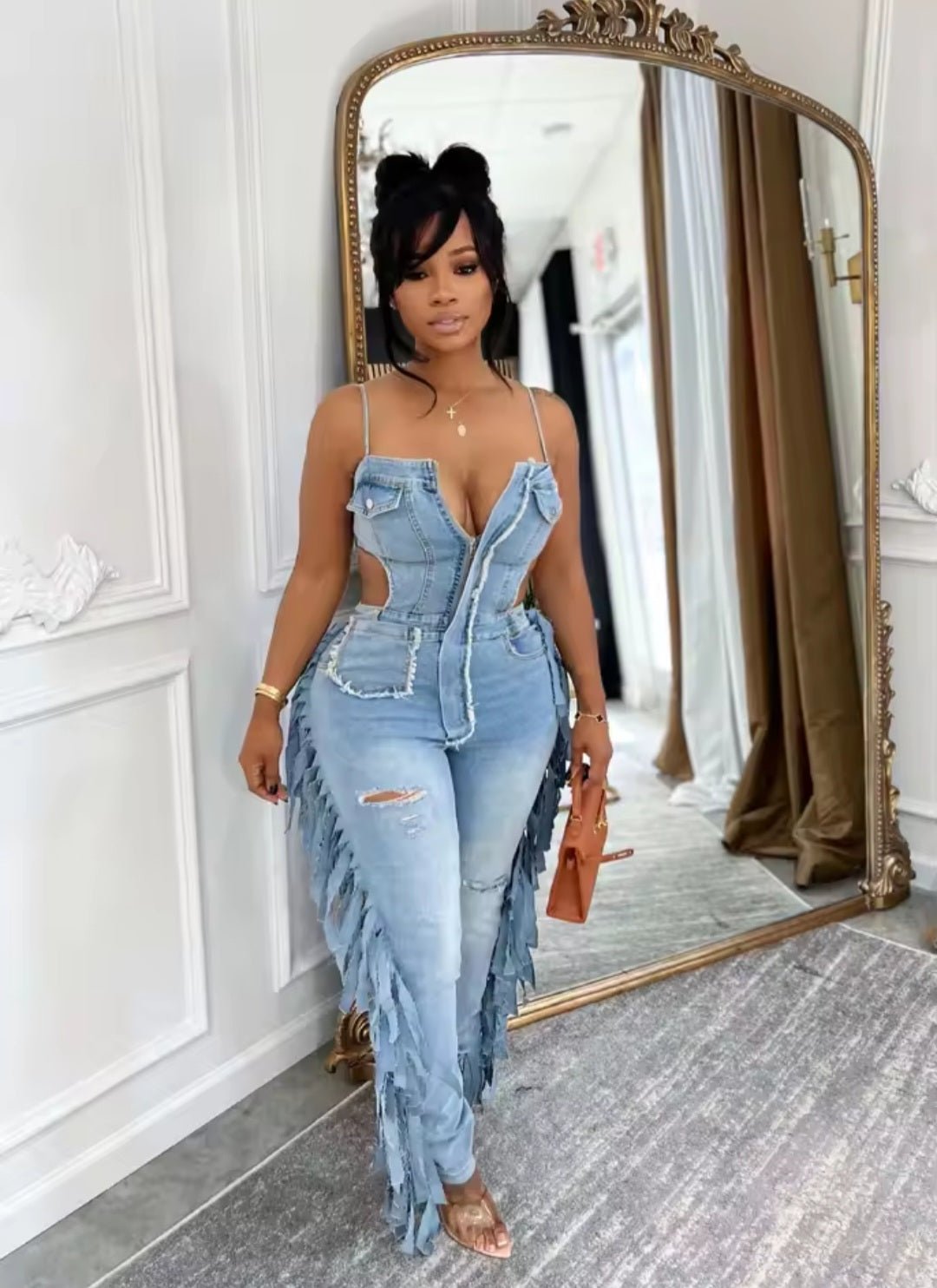 Hollow Out Tassel Denim Jumpsuit - GLITCH-BELLE