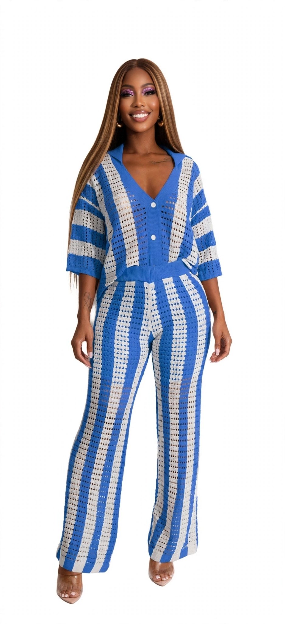Hot Pink Stripe Crochet Two-Piece Set - GLITCH-BELLE