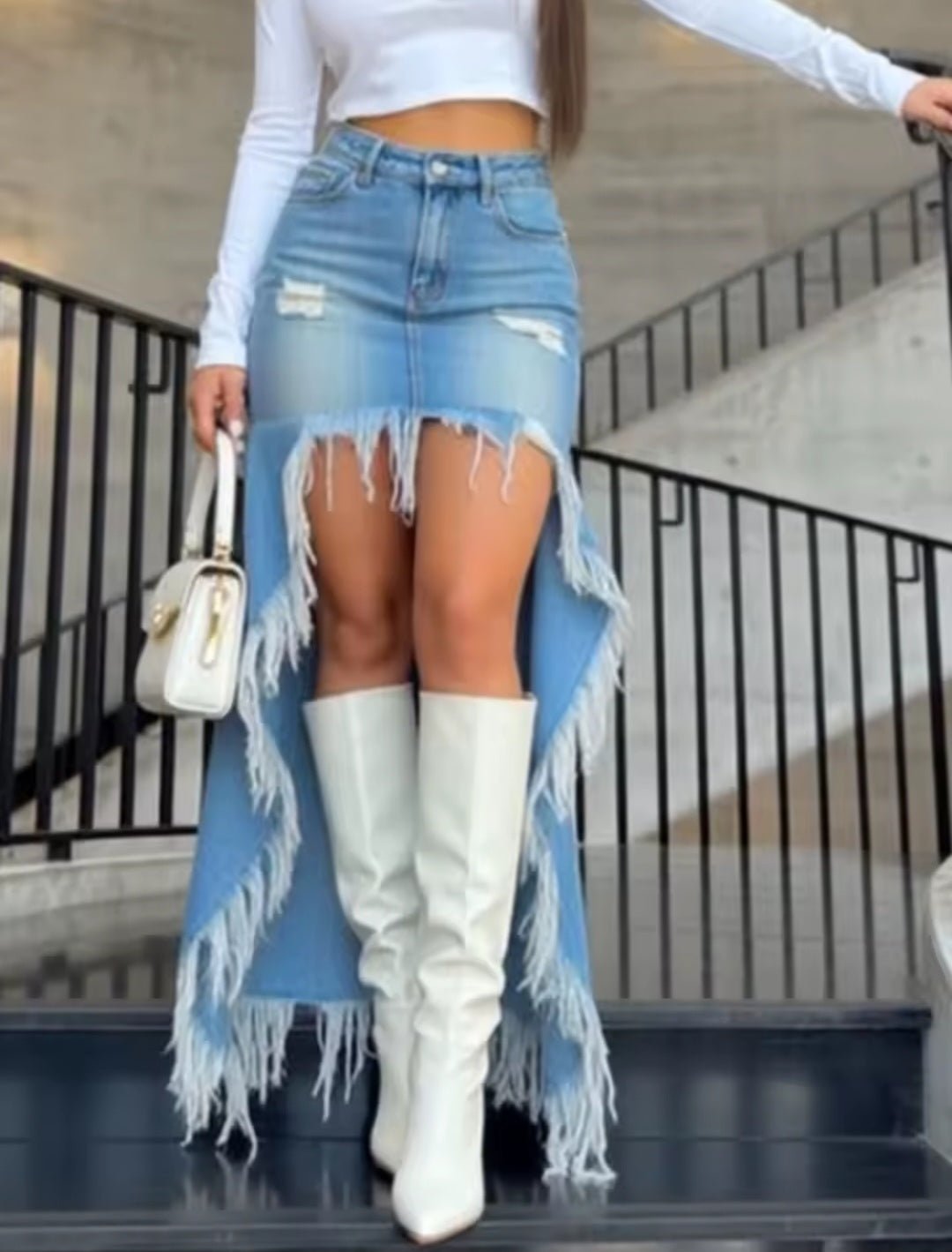 Irregular Edge Split Tassel Denim Skirt - GLITCH-BELLE