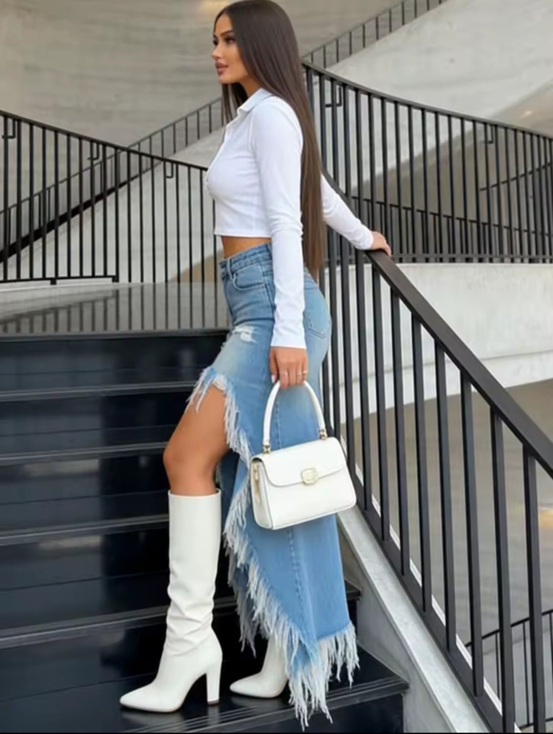 Irregular Edge Split Tassel Denim Skirt - GLITCH-BELLE