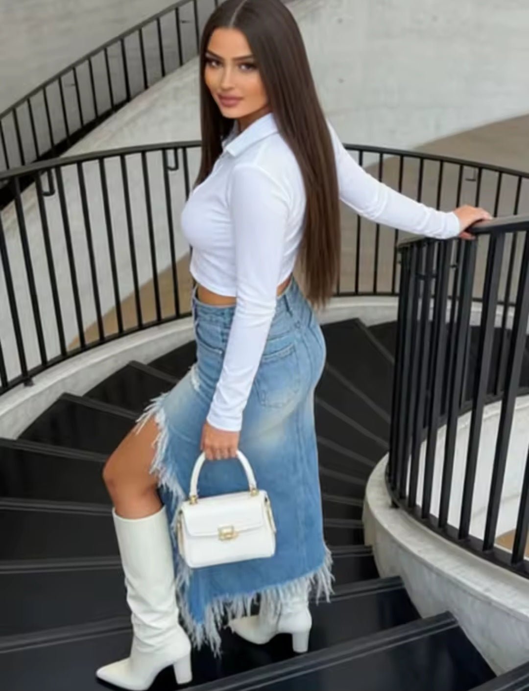 Irregular Edge Split Tassel Denim Skirt - GLITCH-BELLE