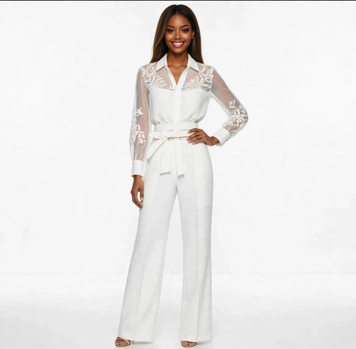 Ivory Lace Mesh Blouse & Wide-Leg Trouser Set - GLITCH-BELLE