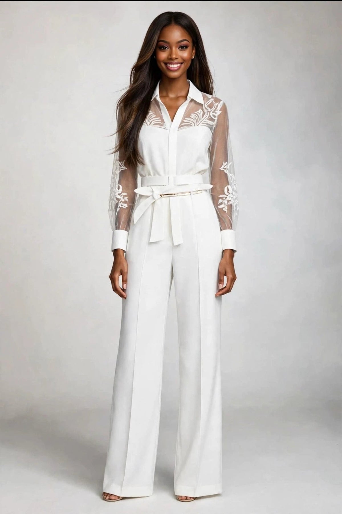 Ivory Lace Mesh Blouse & Wide-Leg Trouser Set - GLITCH-BELLE