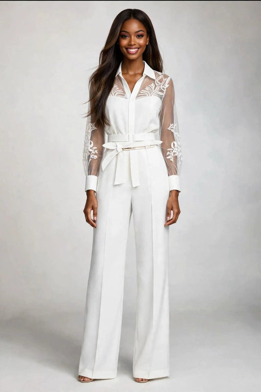 Ivory Lace Mesh Blouse & Wide-Leg Trouser Set - GLITCH-BELLE