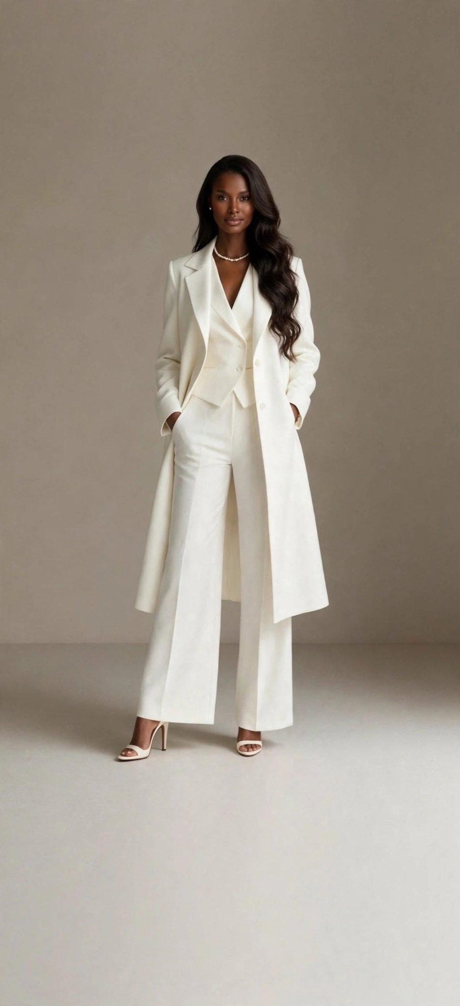Ivory Power Suit Set – Long Coat, Vest & Wide-Leg Trousers (3-Piece) - GLITCH-BELLE
