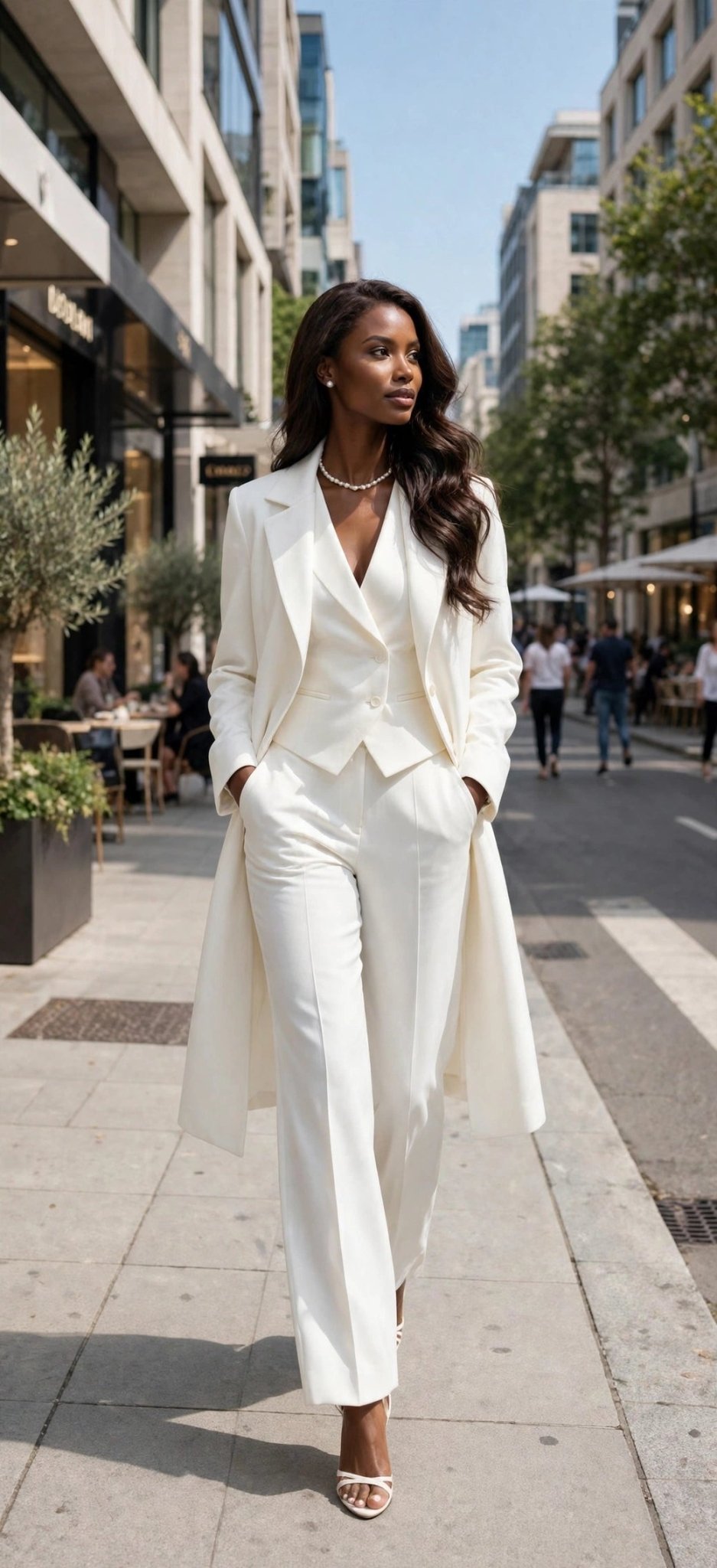 Ivory Power Suit Set – Long Coat, Vest & Wide-Leg Trousers (3-Piece) - GLITCH-BELLE