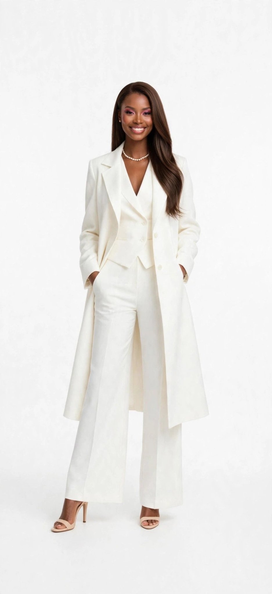 Ivory Power Suit Set – Long Coat, Vest & Wide-Leg Trousers (3-Piece) - GLITCH-BELLE