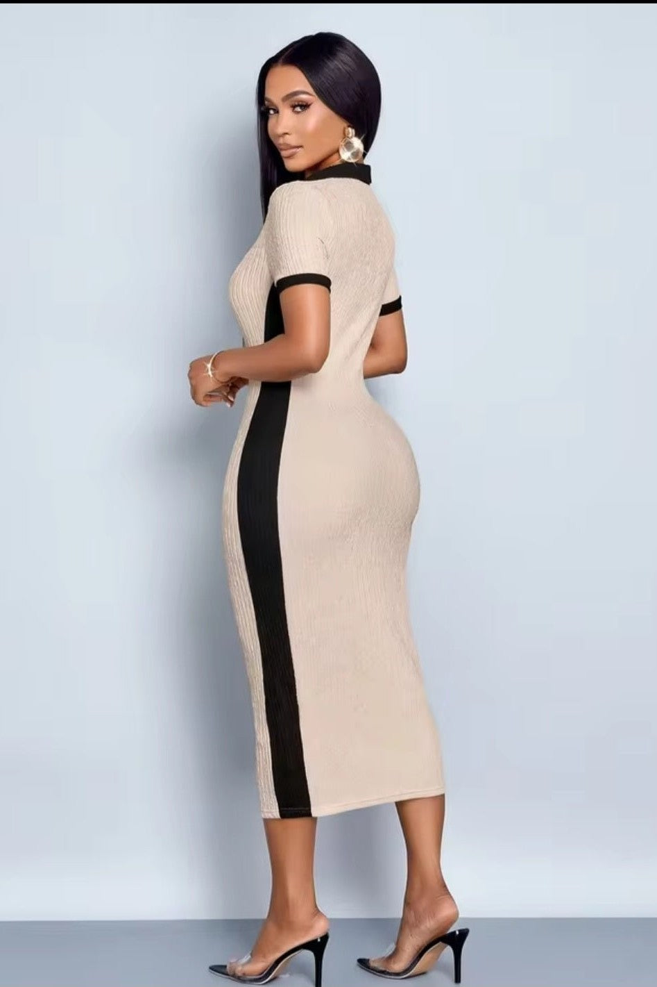 Khaki V-Neck Slim Midi Dress - GLITCH-BELLE