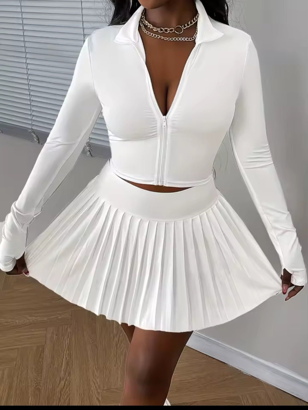 Ladies Slim Fit Jacket Skirt Set – Elegant Pleated Mini Skirt Combo - GLITCH-BELLE