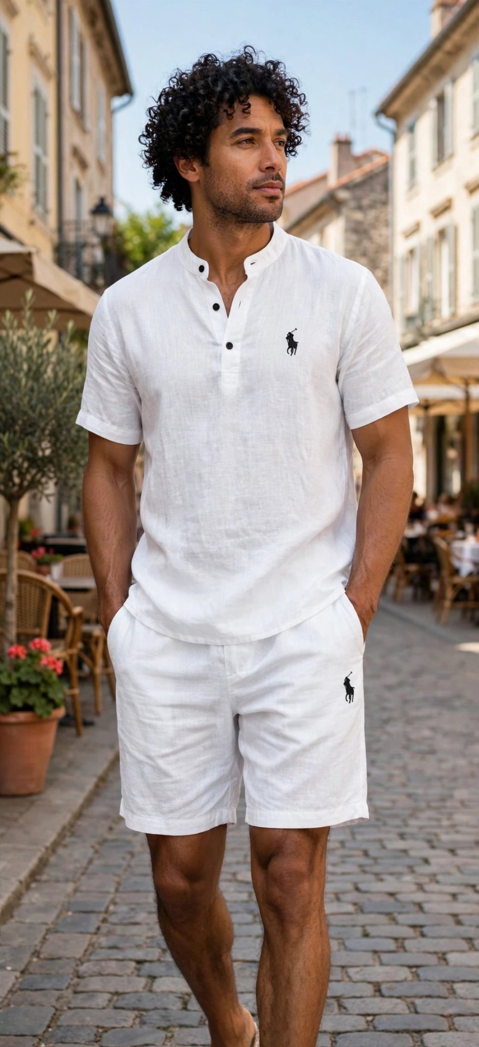 Men's 2-Piece Linen Set – Short Sleeve Henley T-Shirt & Drawstring Beach Shorts - GLITCH-BELLE