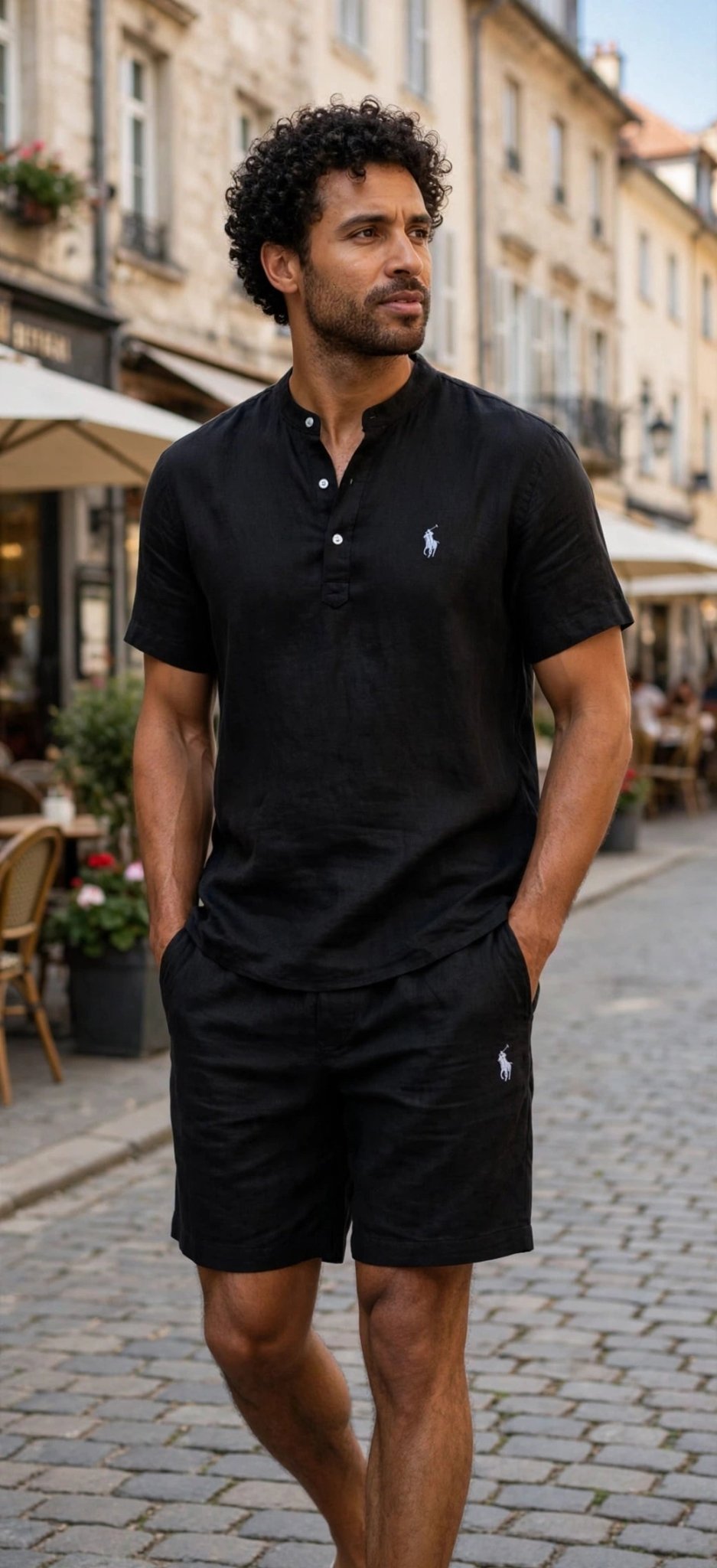 Men's 2-Piece Linen Set – Short Sleeve Henley T-Shirt & Drawstring Beach Shorts - GLITCH-BELLE
