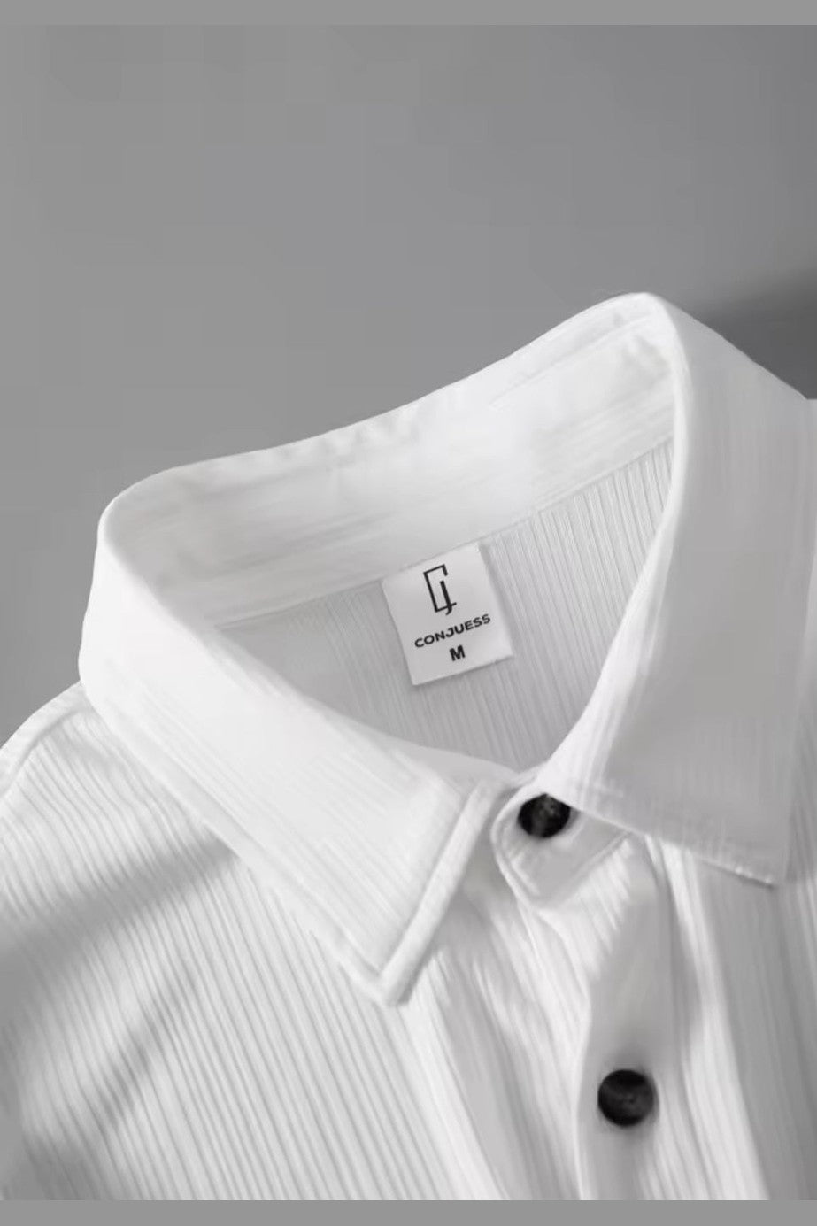 Men's 2 Piece Vertical Striped Textured Outfit – White Lapel Shirt & Drawstring Pants Set - GLITCH-BELLE