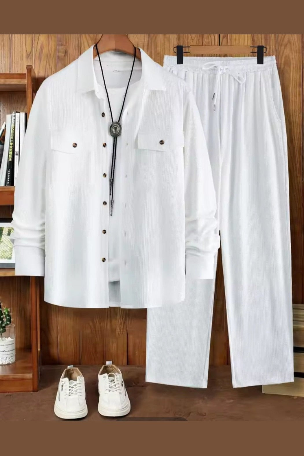 Men's 2 Piece Vertical Striped Textured Outfit – White Lapel Shirt & Drawstring Pants Set - GLITCH-BELLE