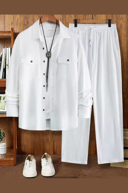 Men's 2 Piece Vertical Striped Textured Outfit – White Lapel Shirt & Drawstring Pants Set - GLITCH-BELLE